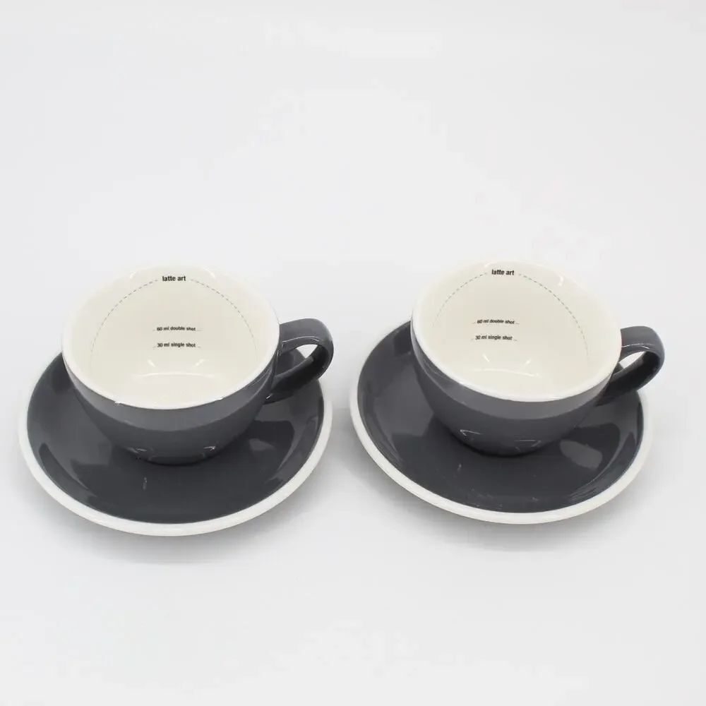Breville Coffee Latte Art Barista Training Gray Mug & Saucer Set / Lot of 2